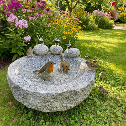 Vogelbad Granit rund ca. 34 cm mit 3 Steinvögeln Granit und Edelstahl