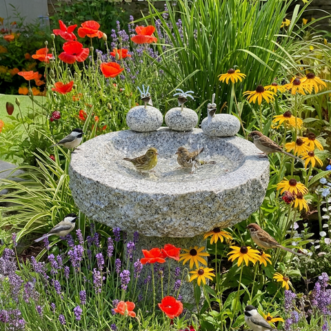 Vogelbad Granit rund ca. 34 cm mit 3 Steinvögeln Granit und Edelstahl