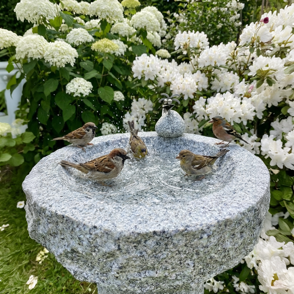 Vogelbad Granit rund ca. 34 cm mit 1 Steinvogel Granit und Edelstahl