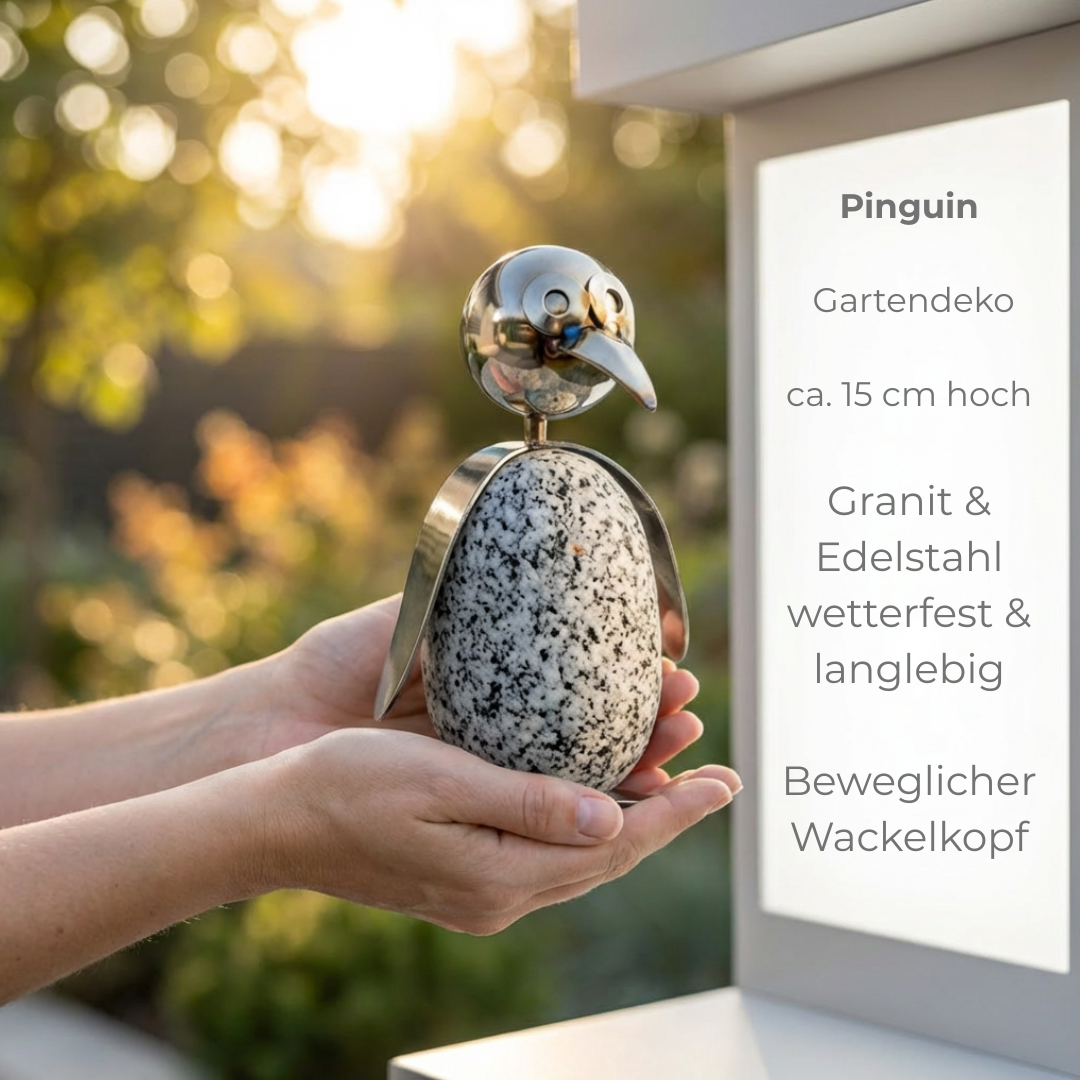Pinguin Gartendeko aus Granit & Edelstahl ca. 15 cm handgefertigt mit Wackelkopf