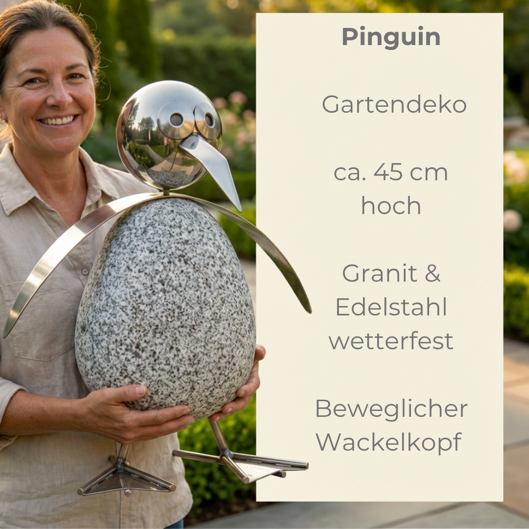 Großer Pinguin Gartendeko aus Granit & Edelstahl 45 cm handgefertigt mit Wackelkopf