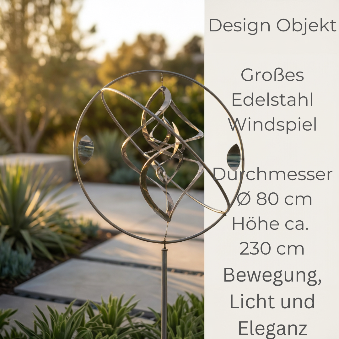 Exklusives Edelstahl Windspiel Durchmesser 80 cm Höhe 230 cm Großes Designer Windspiel für Garten
