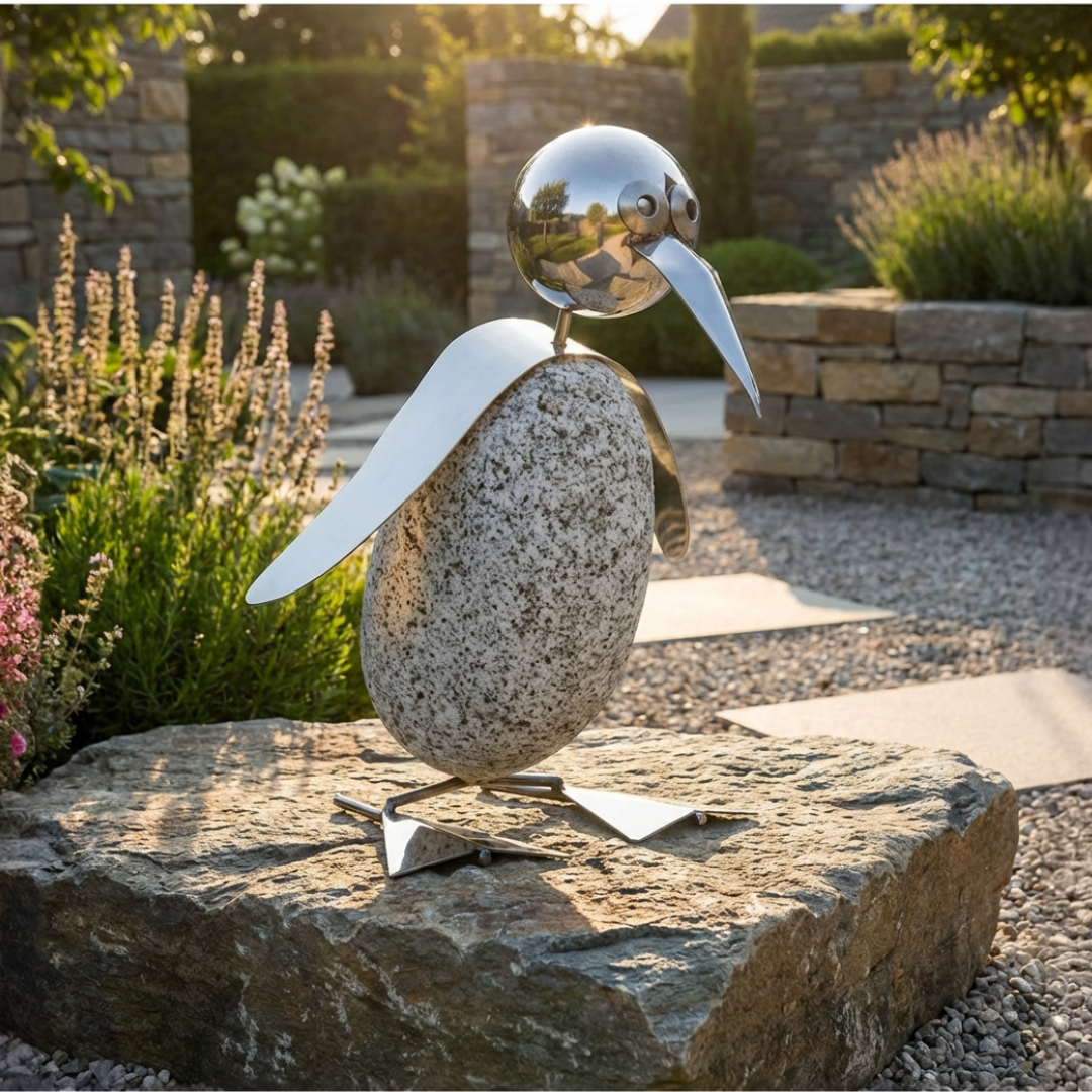 Pinguin Gartendeko aus Granit & Edelstahl 35 cm handgefertigt mit Wackelkopf