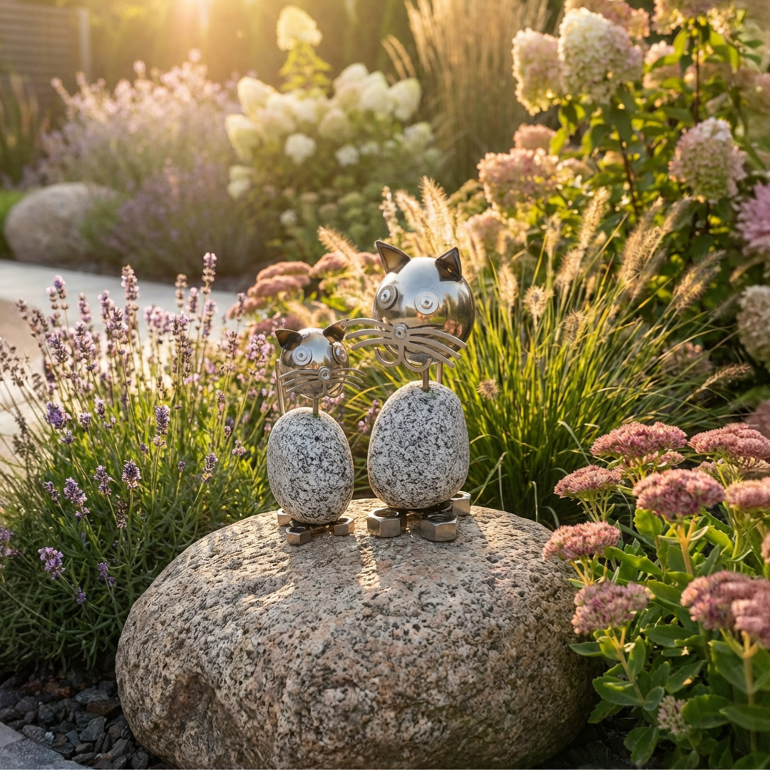 Wackelkopf Katzen aus Granit & Edelstahl 2er Set Gartendeko Naturstein