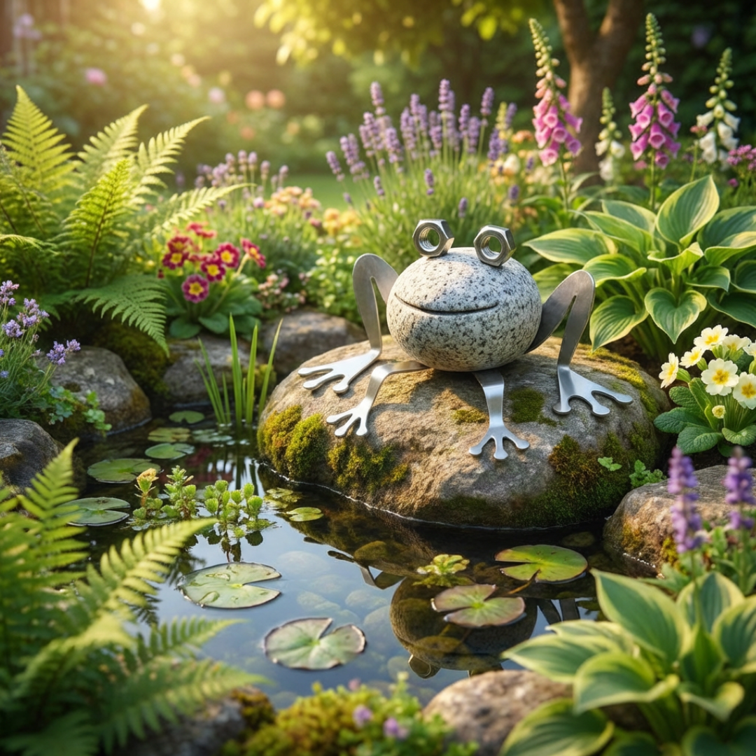 Natursteindeko Frosch aus Granit und Edelstahl ca. 8 cm groß Gartendeko