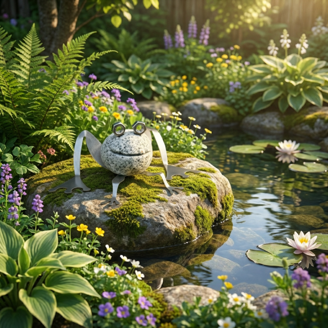 Natursteindeko Frosch aus Granit und Edelstahl ca. 8 cm groß Gartendeko