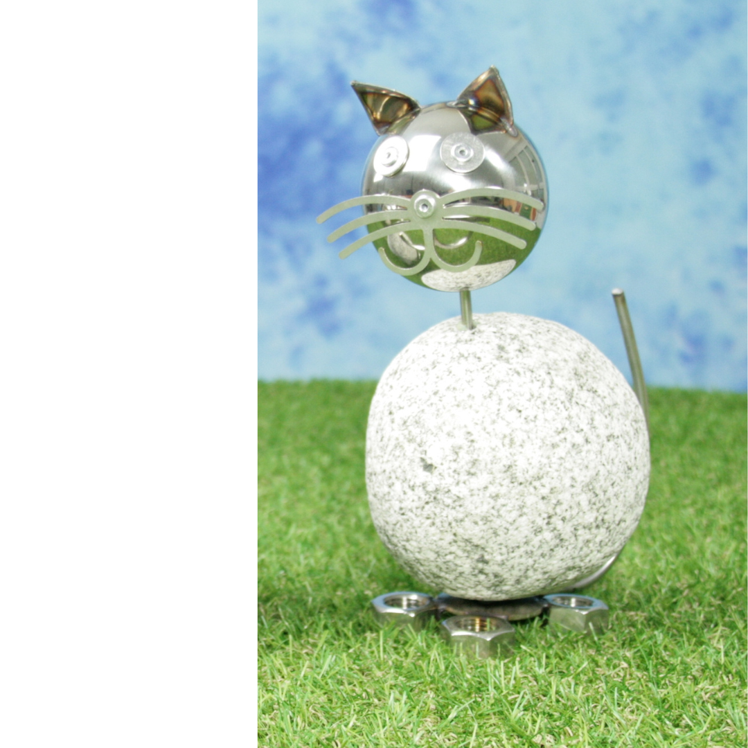 Wackelkopfkatze ca. 20 cm aus Granit und Edelstahl Naturstein Deko