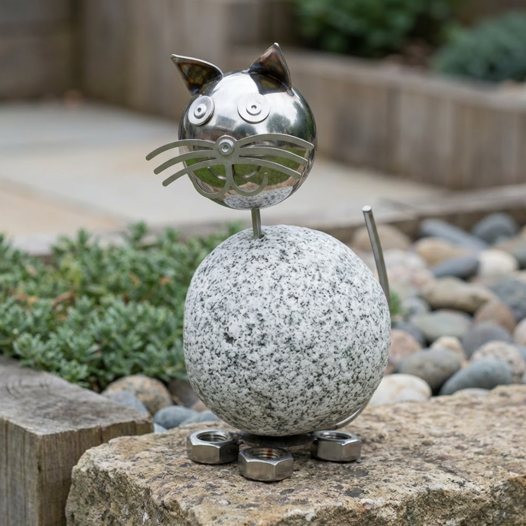 Wackelkopfkatze ca. 20 cm aus Granit und Edelstahl Naturstein Deko