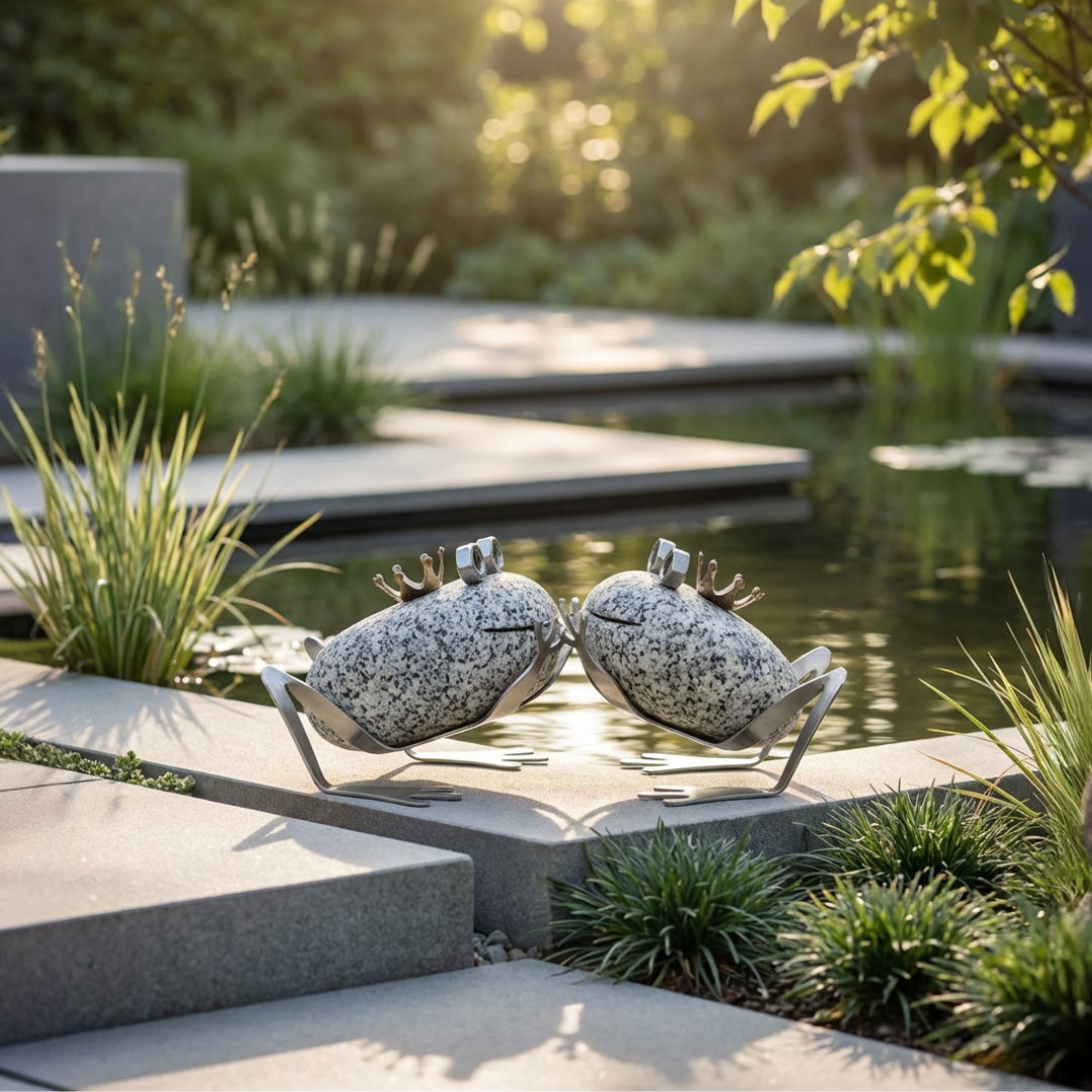 Froschpärchen „Kiss me“ aus Granit & Edelstahl Naturstein Deko