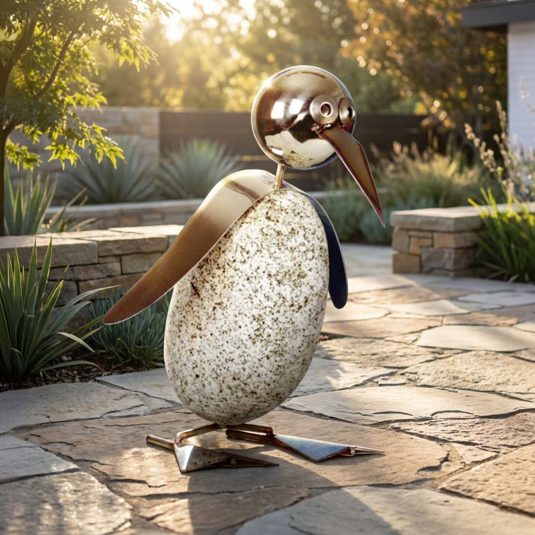 Pinguin Gartendeko aus Granit & Edelstahl 35 cm handgefertigt mit Wackelkopf