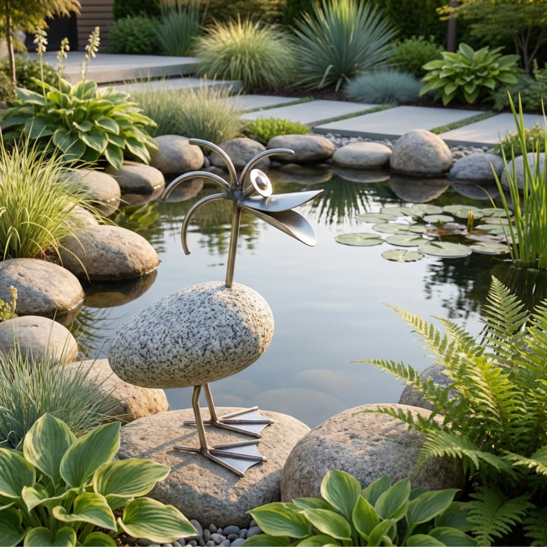 Ente ca. 32cm hoch aus Granit und Edelstahl Natursteindeko wetterfest