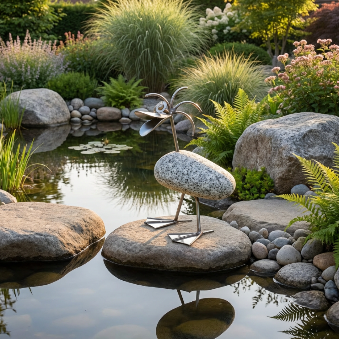 Ente ca. 32cm hoch aus Granit und Edelstahl Natursteindeko wetterfest