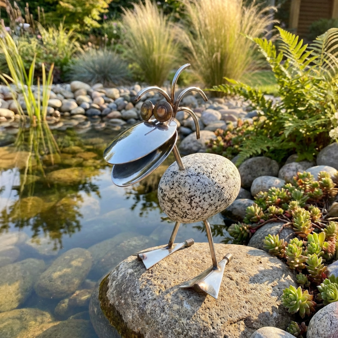 Ente aus Granit und Edelstahl ca. 15 cm hoch Naturstein Deko