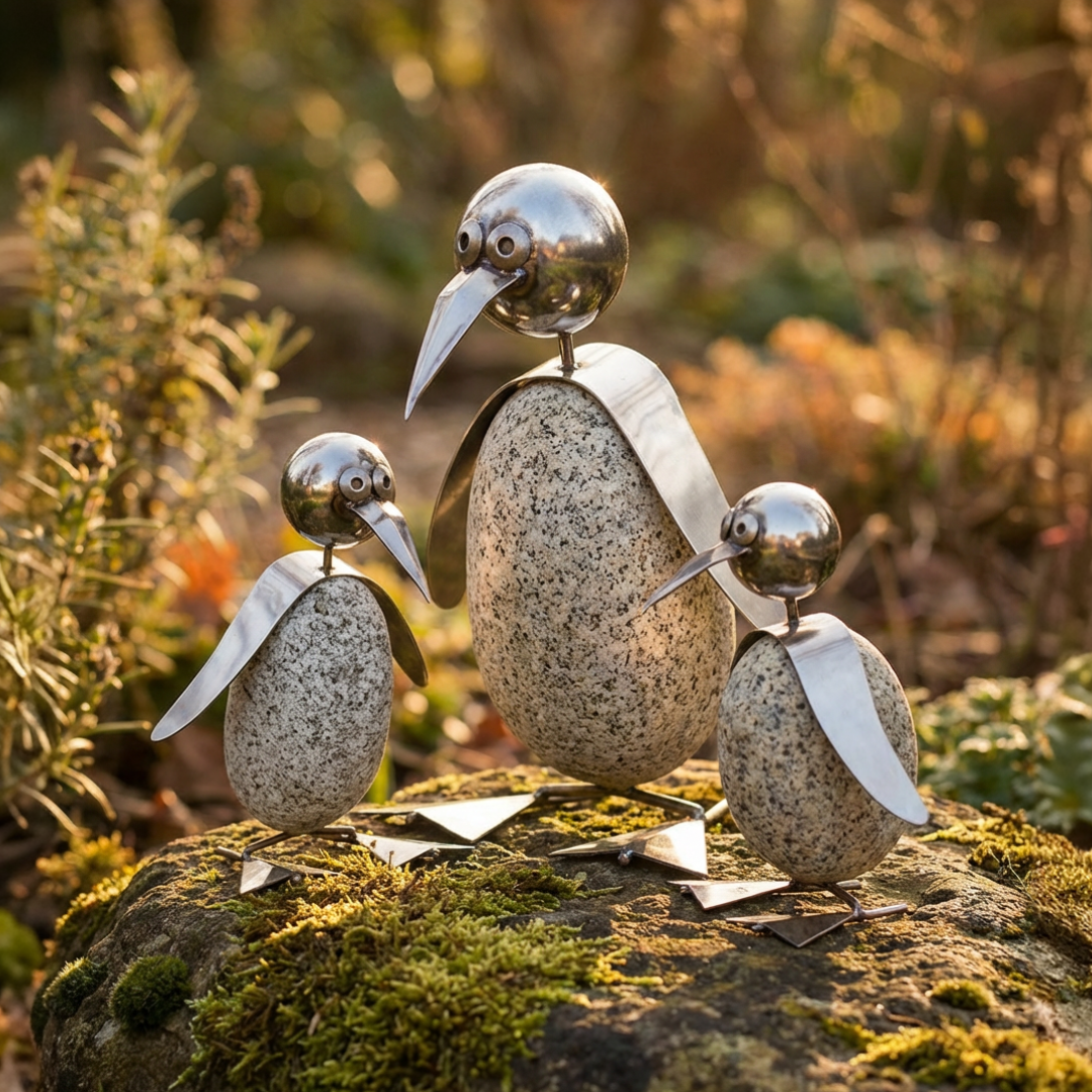 Pinguin Gartendeko aus Granit & Edelstahl 35 cm handgefertigt mit Wackelkopf