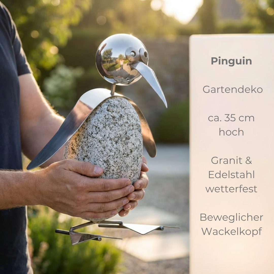 Pinguin Gartendeko aus Granit & Edelstahl 35 cm handgefertigt mit Wackelkopf