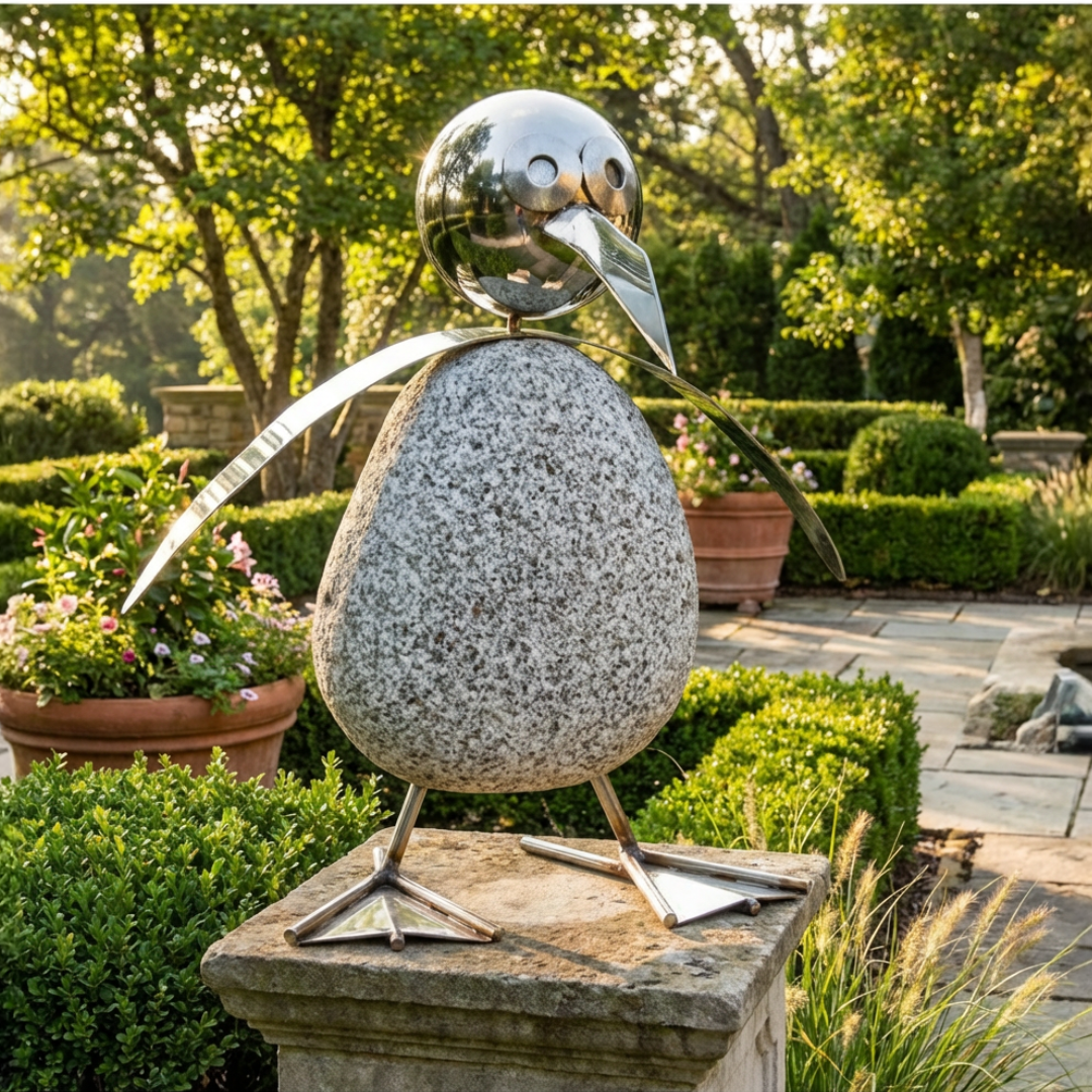Großer Pinguin Gartendeko aus Granit & Edelstahl 45 cm handgefertigt mit Wackelkopf