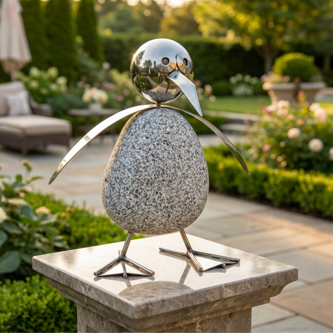 Großer Pinguin Gartendeko aus Granit & Edelstahl 45 cm handgefertigt mit Wackelkopf