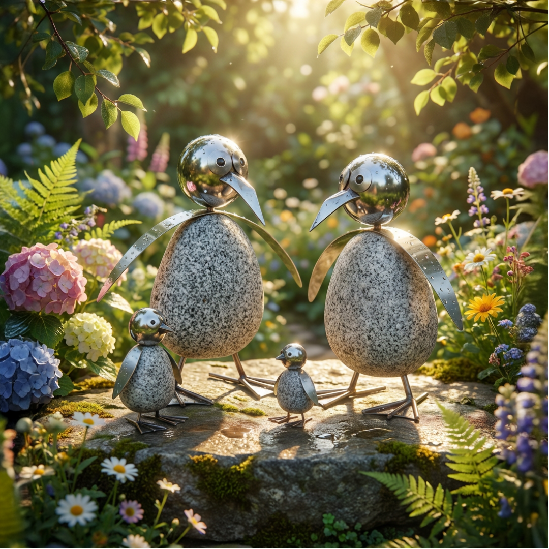 Großer Pinguin Gartendeko aus Granit & Edelstahl 45 cm handgefertigt mit Wackelkopf