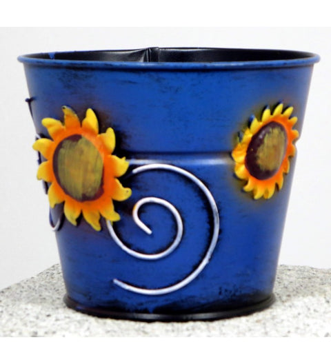 Blumenübertopf aus Metall blau mit Sonnenblumen ca. 11cm hoch Handarbeit