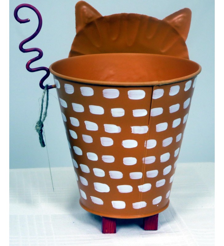 Blumenübertopf Katze aus Metall – Orange Pflanzgefäß 16 cm für Garten & Balkon