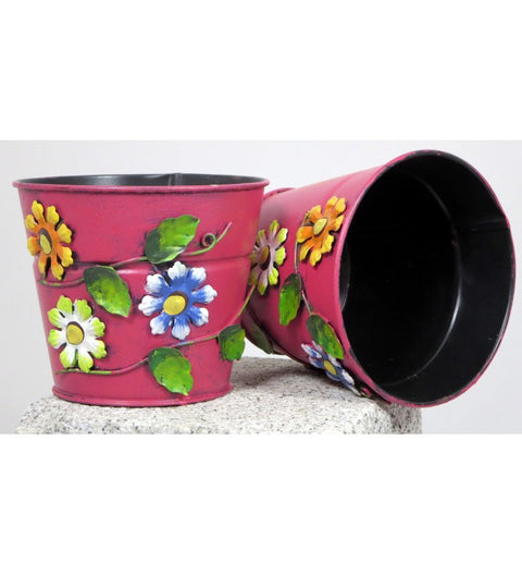 Blumenübertopf aus Metall rosa mit Blumen ca. 11 cm hoch Handarbeit