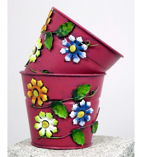 Blumenübertopf aus Metall rosa mit Blumen ca. 11 cm hoch Handarbeit