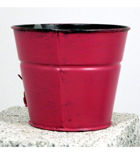 Blumenübertopf aus Metall rosa mit Blumen ca. 11 cm hoch Handarbeit