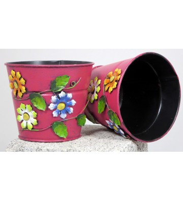Blumenübertopf aus Metall rosa mit Blumen ca. 11 cm hoch Handarbeit