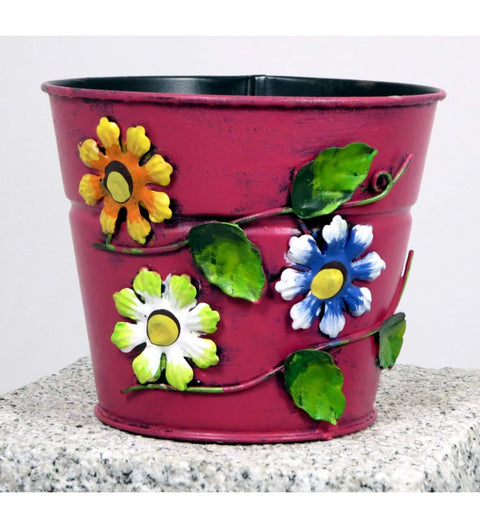 Blumenübertopf aus Metall rosa mit Blumen ca. 11 cm hoch Handarbeit