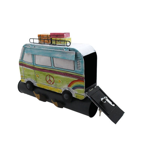 Briefkasten Bus mit Gepäck und Zeitungsrolle aus Metall