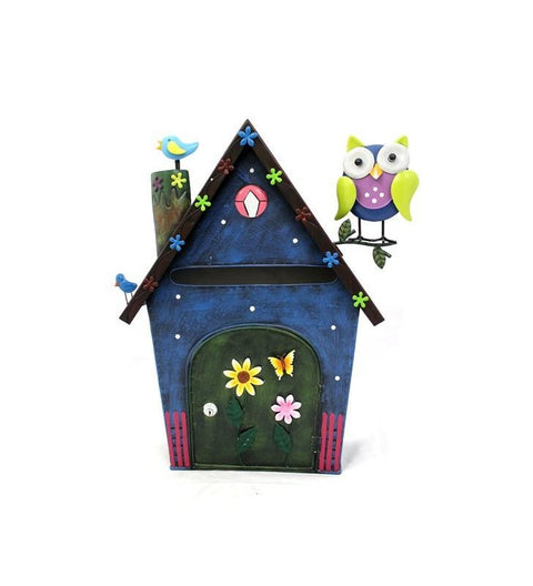 Briefkasten aus Metall Haus mit Eule blau/bunt ca. 53 cm hoch Handarbeit