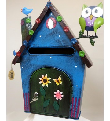 Briefkasten aus Metall Haus mit Eule blau/bunt ca. 53 cm hoch Handarbeit