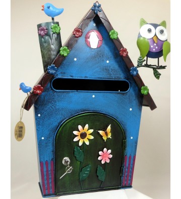 Briefkasten aus Metall Haus mit Eule blau/bunt ca. 53 cm hoch Handarbeit