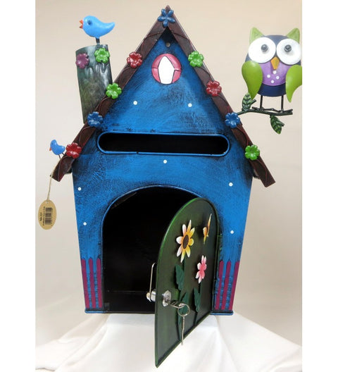 Briefkasten aus Metall Haus mit Eule blau/bunt ca. 53 cm hoch Handarbeit