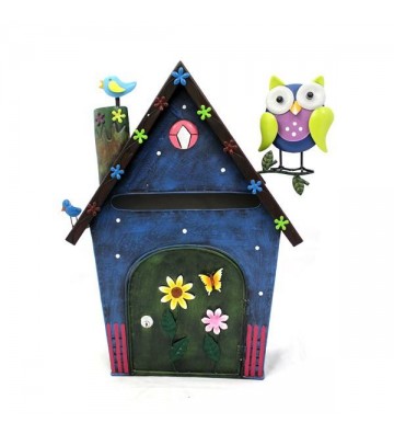 Briefkasten aus Metall Haus mit Eule blau/bunt ca. 53 cm hoch Handarbeit