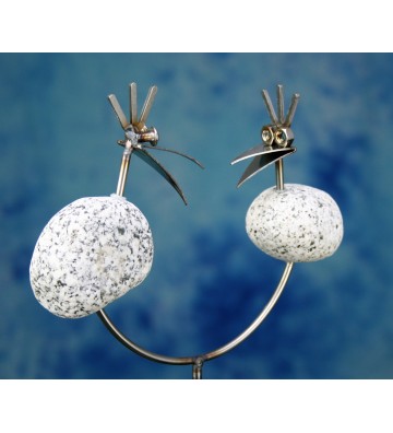 Gartenstecker aus Granit und Edelstahl mit 2 Steinvögel