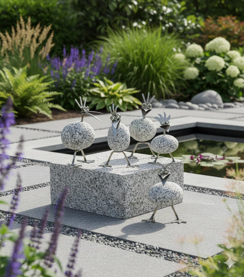 Set: 5 Steinvogel Küken stehend je ca. 13cm hoch aus Granit und Edelstahl