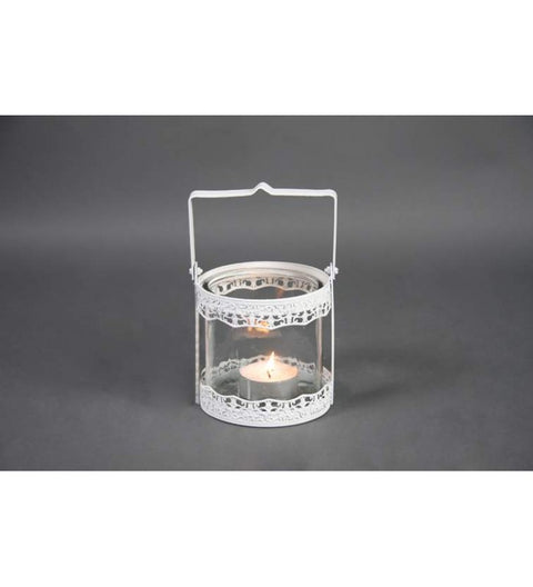 Laterne mit Glaseinsatz und weißer Metallspitze ca. 13,5cm hoch