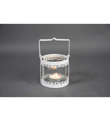 Laterne mit Glaseinsatz und weißer Metallspitze ca. 13,5cm hoch