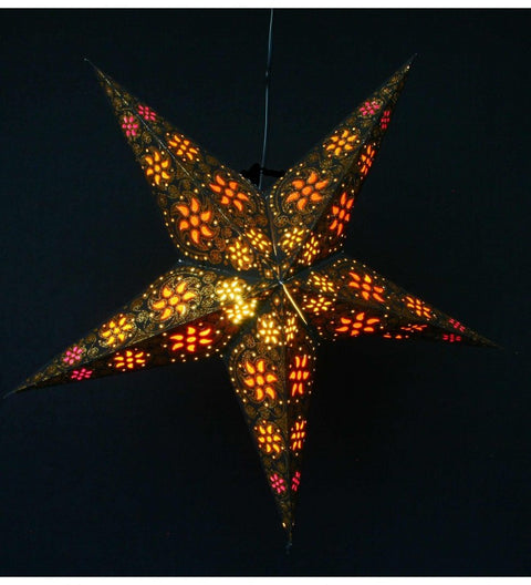 Leuchtstern Madras schwarz / Gold glitter 5 Zacken ca. 60 cm mit Magnetverschluss