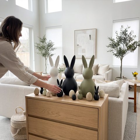 Deko Osterhasenset Keramik, 3 Hasen in Schwarz & Weiß & Olivegrau – Modernes Deko-Trio in Wischtechnik | ca. 43 cm