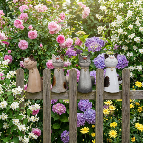 Zaunhocker Katze aus Steinzeug – 4 Farben – Gartendeko