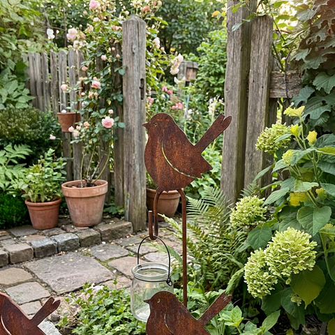 Edelrost Gartenstecker 120 cm mit Vogel & Glaswindlicht