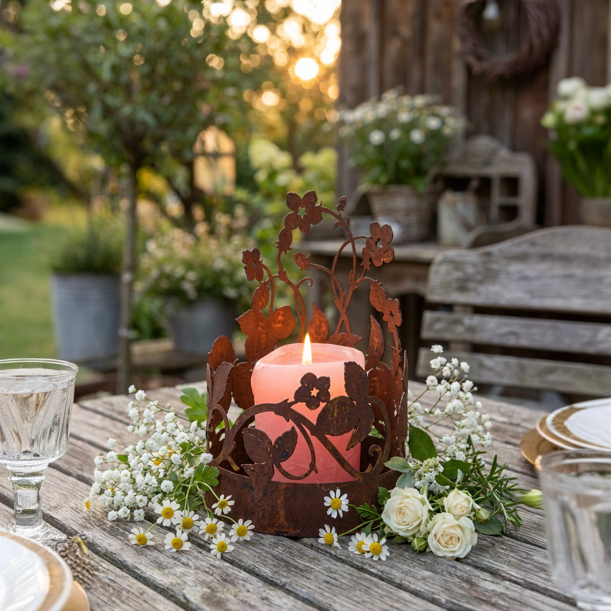 Edelrost Windlichthalter 21 cm – Erdbeer Ranke