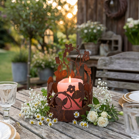 Edelrost Windlichthalter 21 cm – Erdbeer Ranke