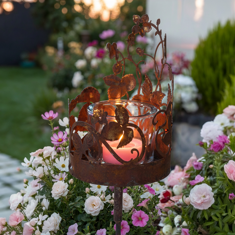 Gartenstecker Edelrost ca. 120 cm – mit Glaswindlicht Glaseinsatz