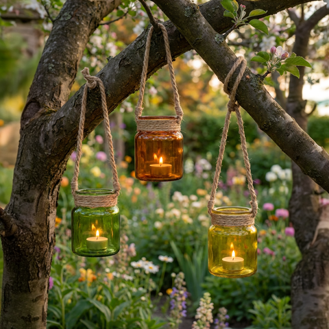 Windlicht 3er Set mit Juteschnur – Grün, Orange & Gelb