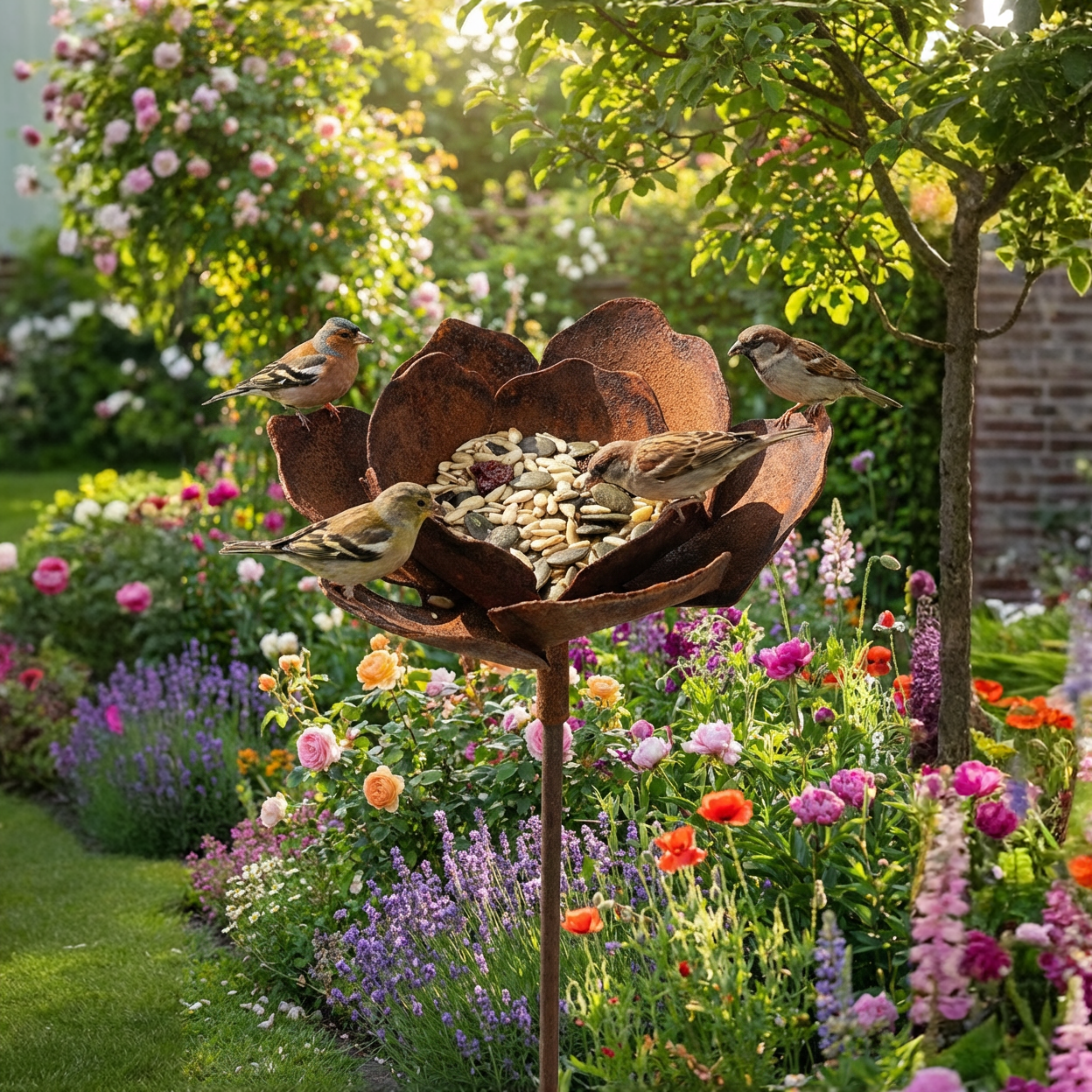 Edelrost Metall Gartenstecker Blume Ø 18 cm – Futter- & Dekoschale