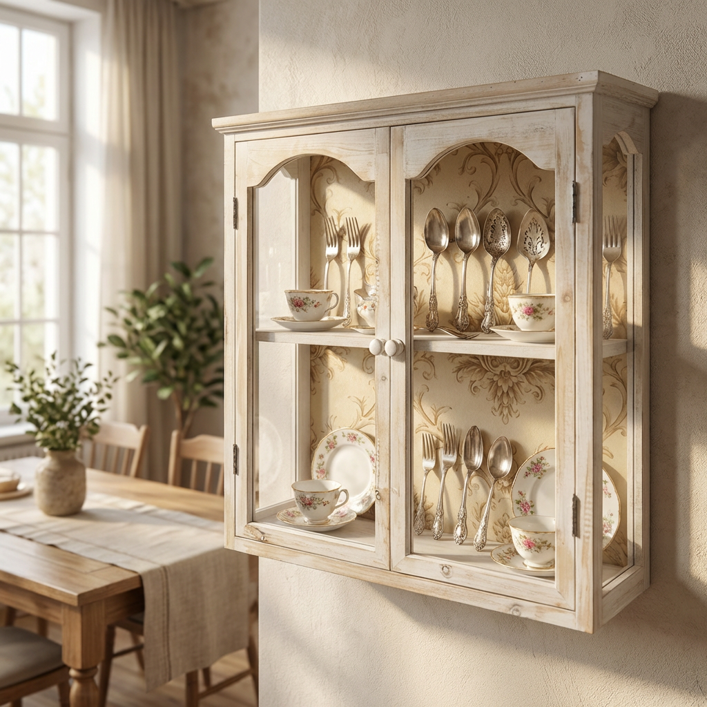Wandschrank Landhausstil aus Holz – Cremefarben mit Glastüren – ca. 58,5x18x71 cm