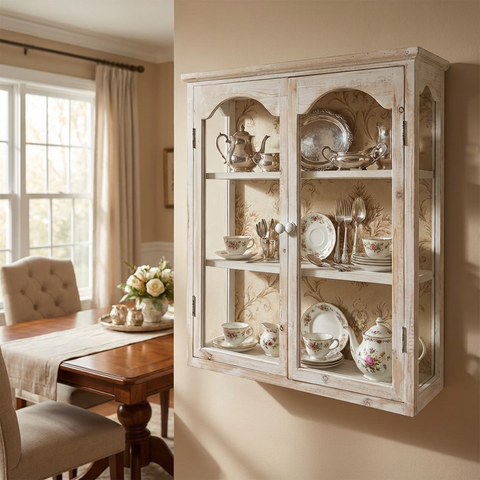 Wandschrank Landhausstil aus Holz – Cremefarben mit Glastüren – ca. 58,5x18x71 cm